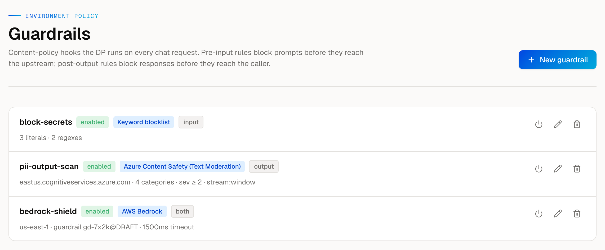 AISIX Cloud guardrails β pre-input and post-output content policies (keyword blocklist, Azure Content Safety, AWS Bedrock) that block on violation