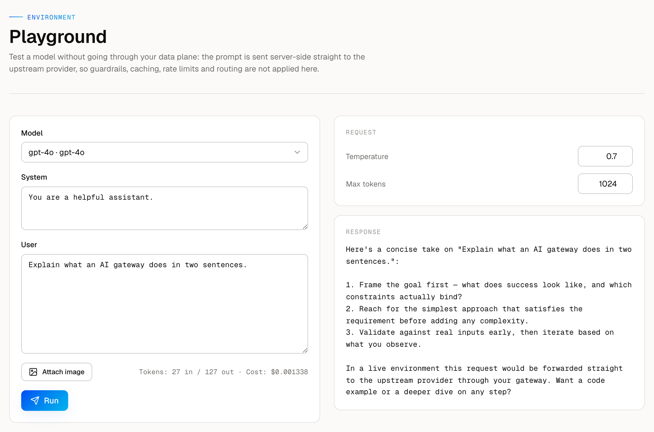 AISIX Cloud playground β pick a model, set system and user prompts, run, and read the response with live token and cost metering