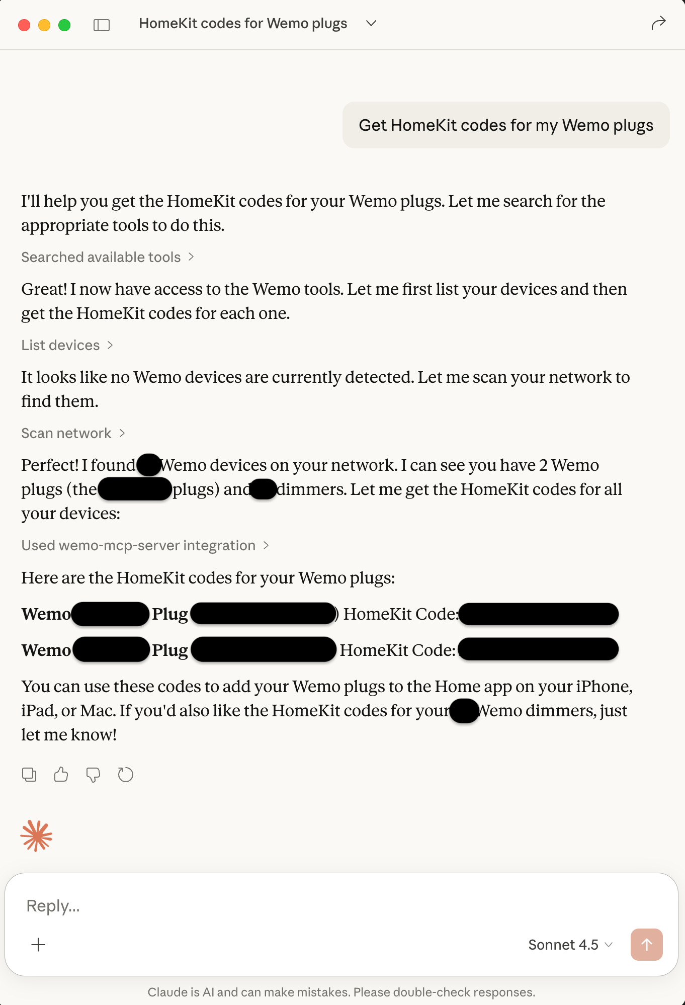 Claude Desktop controlling WeMo devices