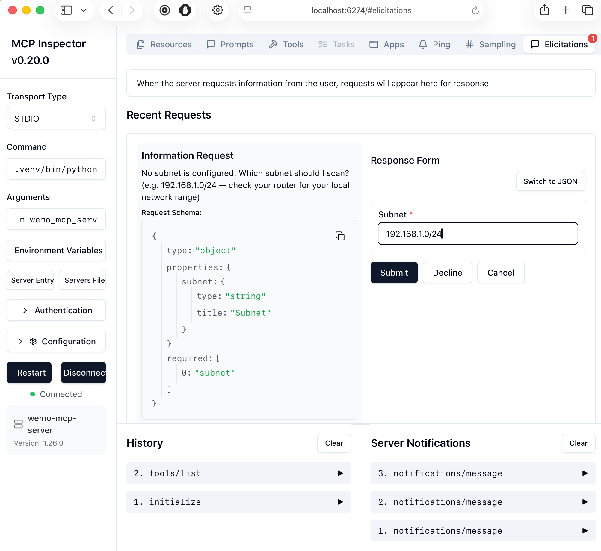 MCP elicitation prompting for subnet