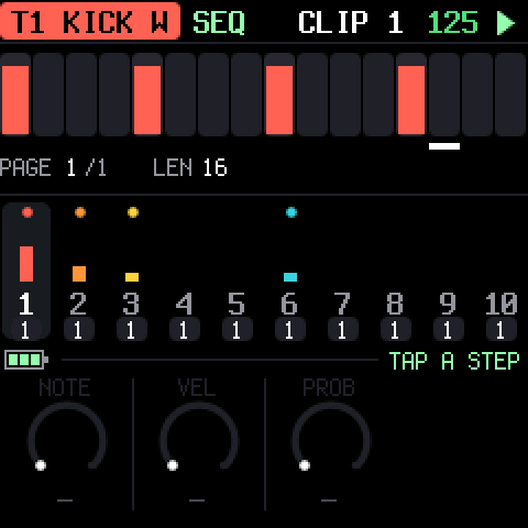 TRIBE sequencer page for track 1 with the KICK W engine, a row of sixteen steps with four lit, and note, velocity and probability knobs
