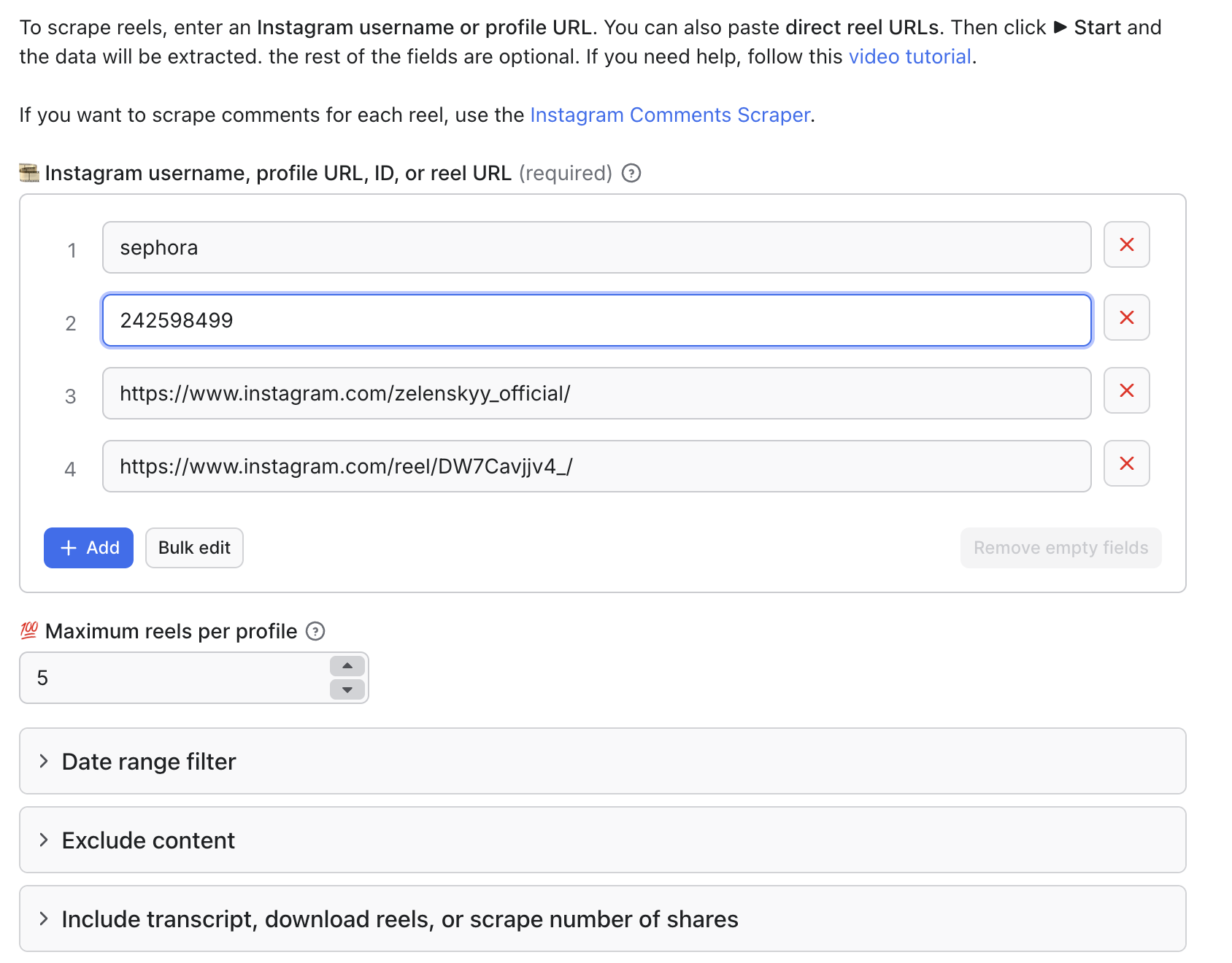 Instagram Reel Scraper input