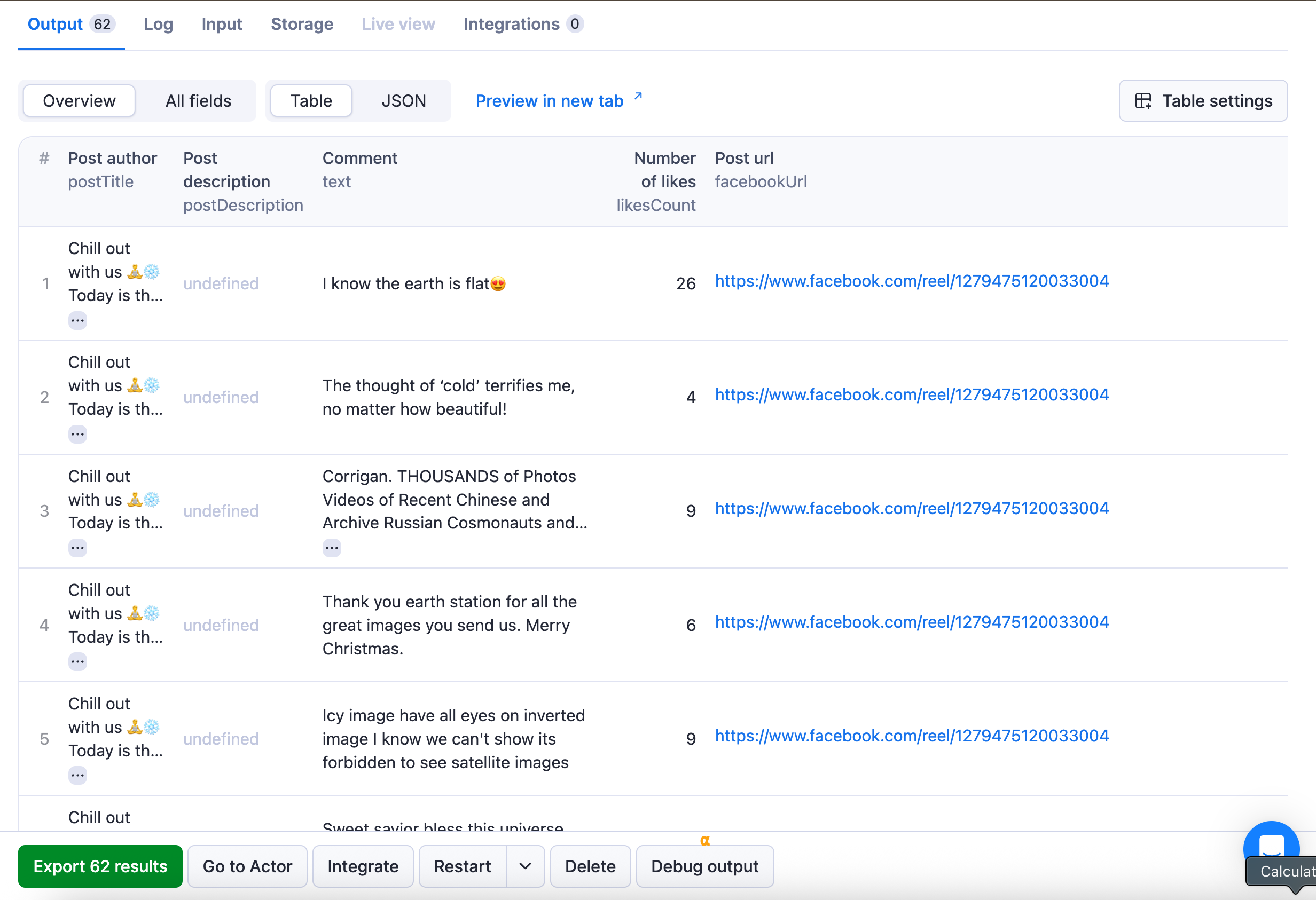 Facebook comments scraping output