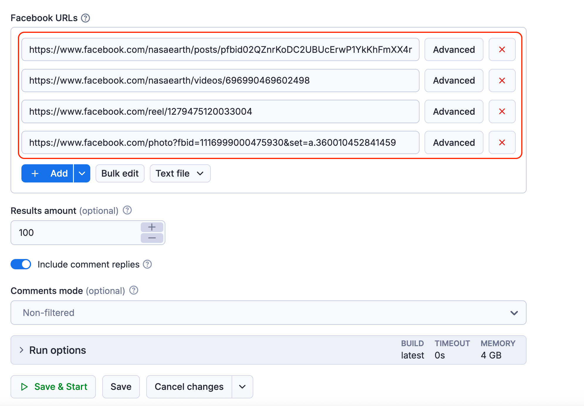 Facebook comments scraping input