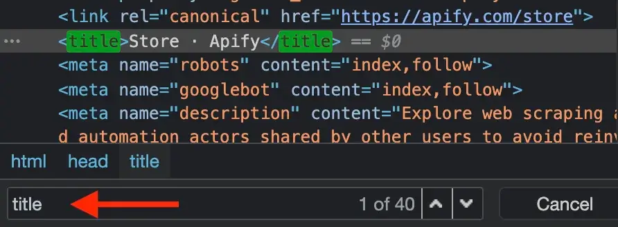 Finding title element in DevTools