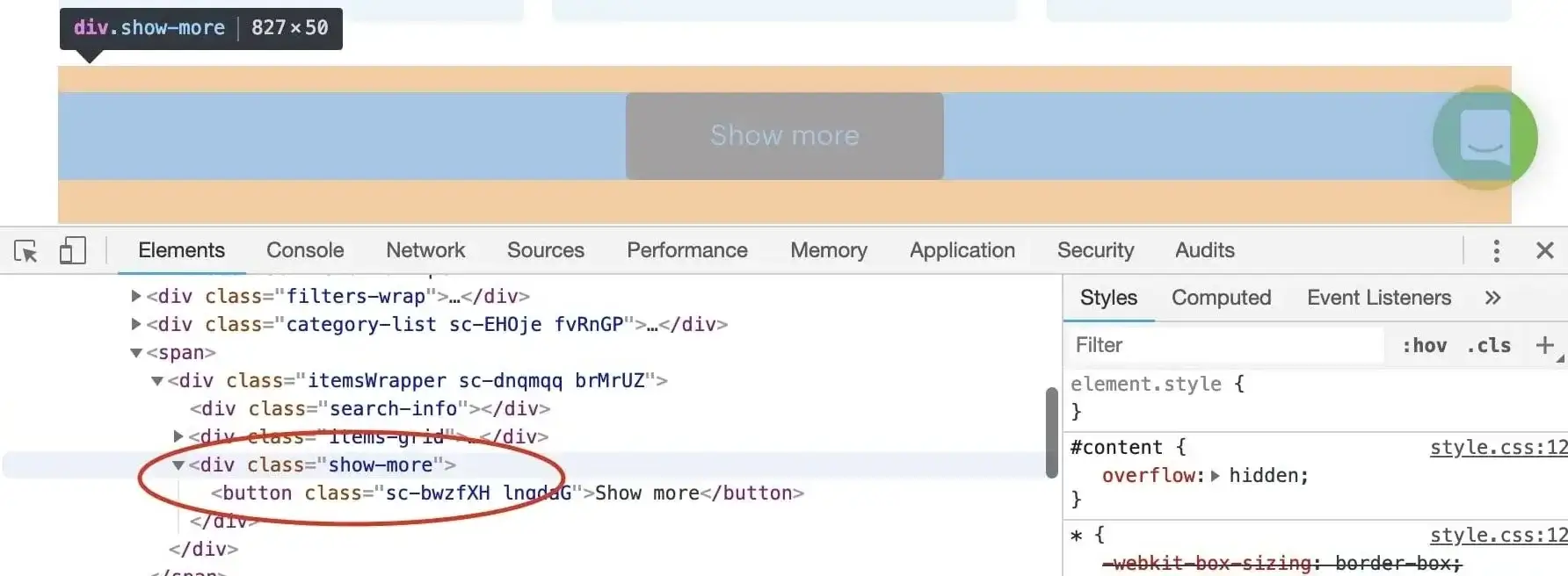 Finding show more button in DevTools
