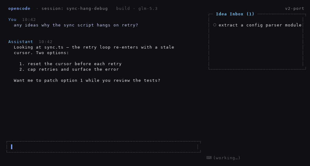 GIF: pressing leader+z to capture a thought into the sidebar, then dispatching it from the palette and watching the status flip to done