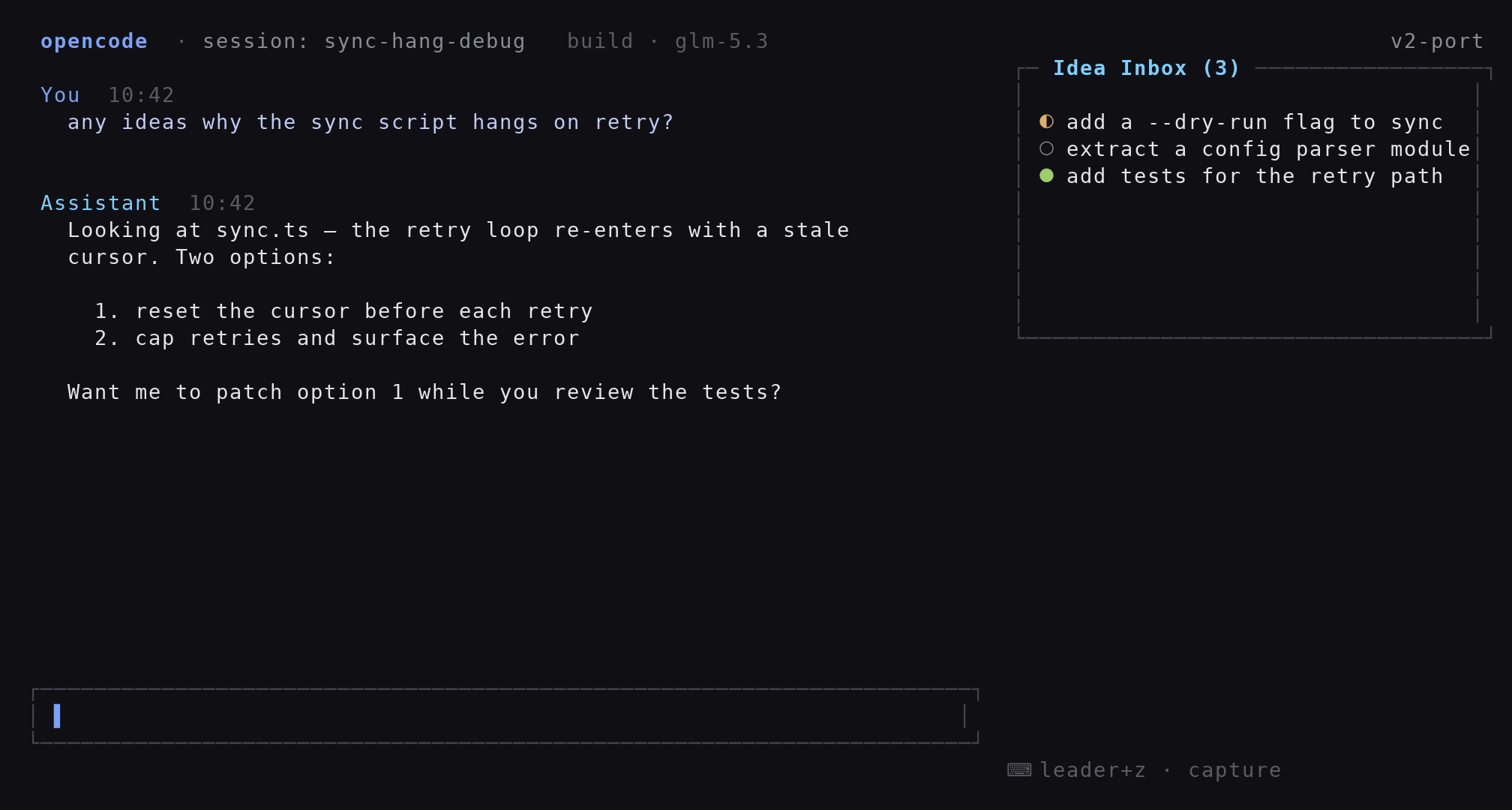 opencode session with the Idea Inbox sidebar showing three ideas with different statuses