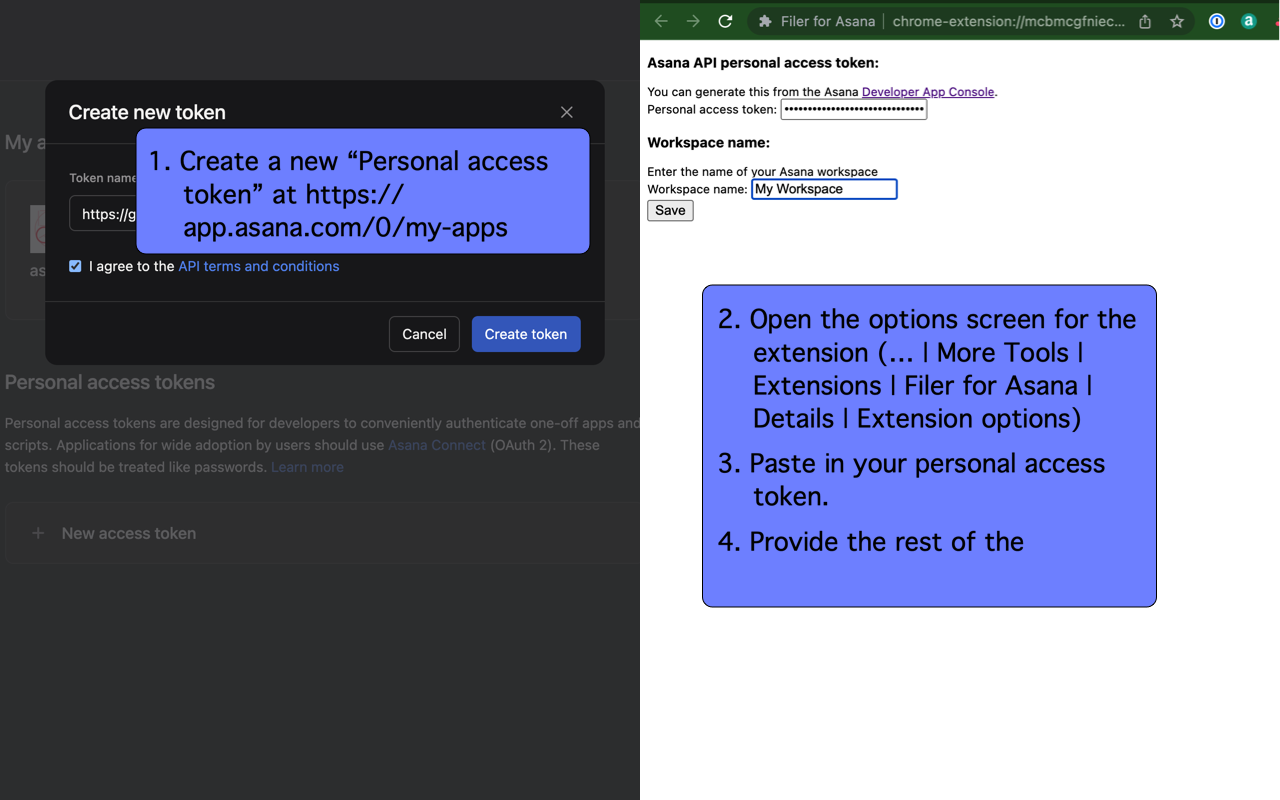screenshot showing the above steps in Asana and the Chrome extension options