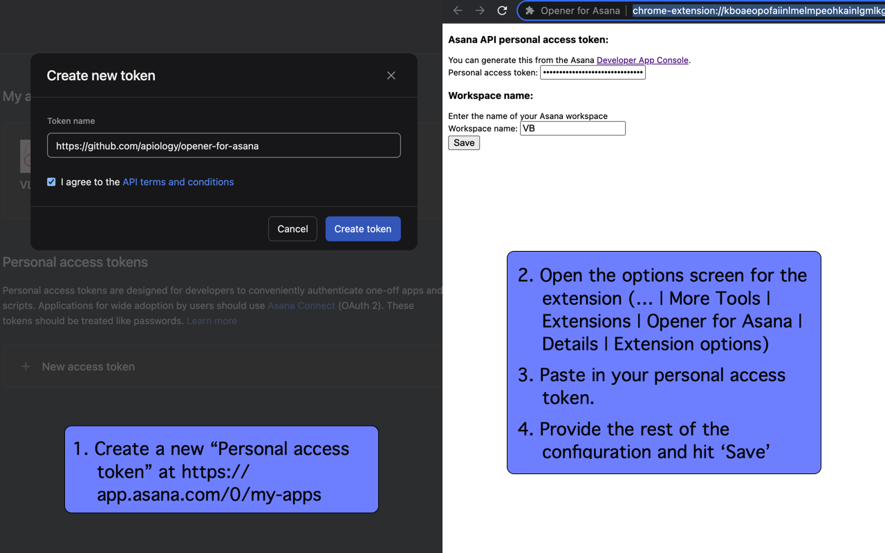 screenshot showing the above configuration steps in Asana and in Chrome