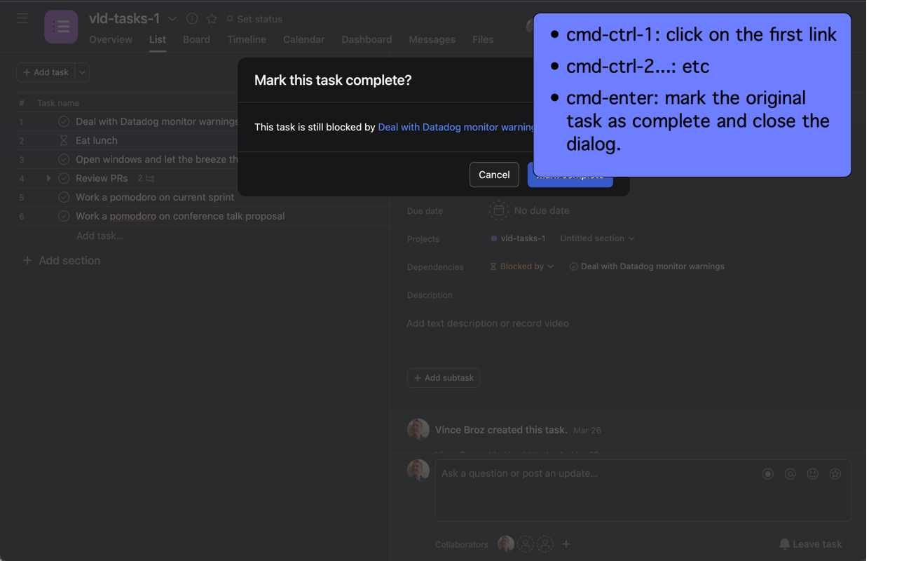 screenshot showing Asana dependent task dialog while closing a task and repeating above keystrokes