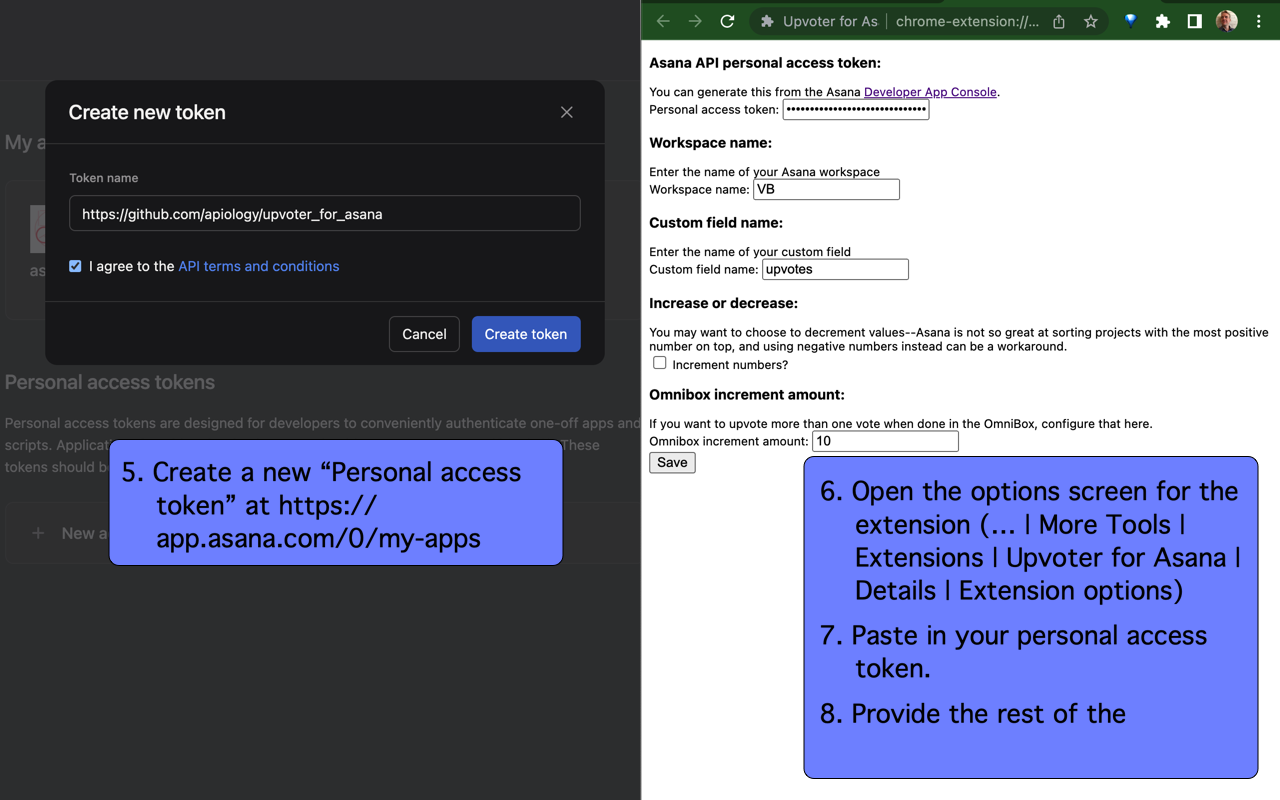 screenshot showing Asana personal access token creation and configuraiton of the extension