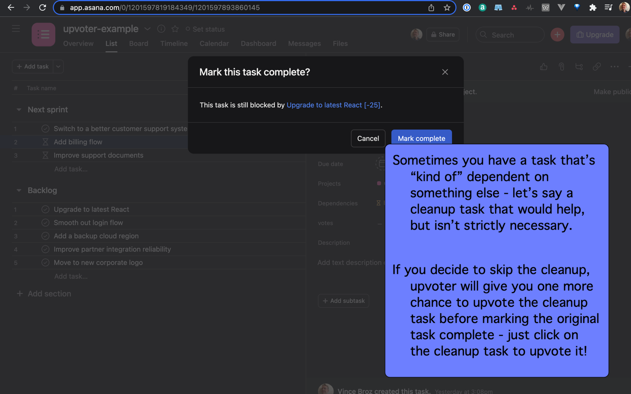 screenshot showing dependent task with upvotes listed