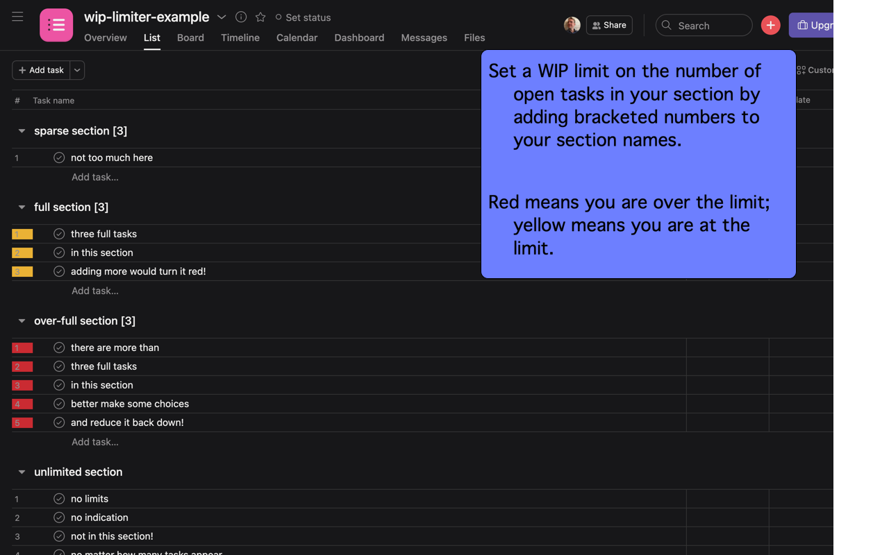 screenshot showing example task sections with color-based indicators