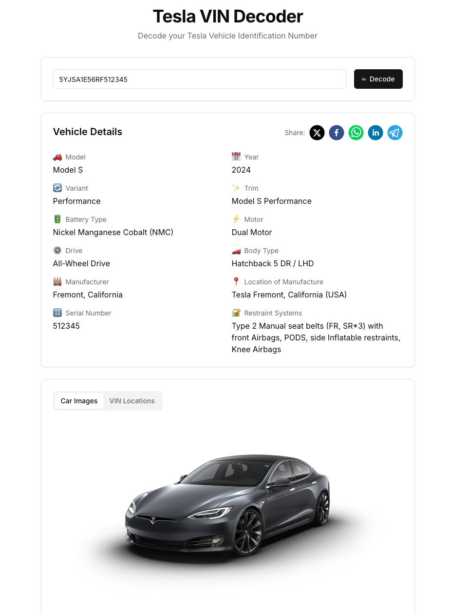 Screenshot of Tesla VIN Decoder