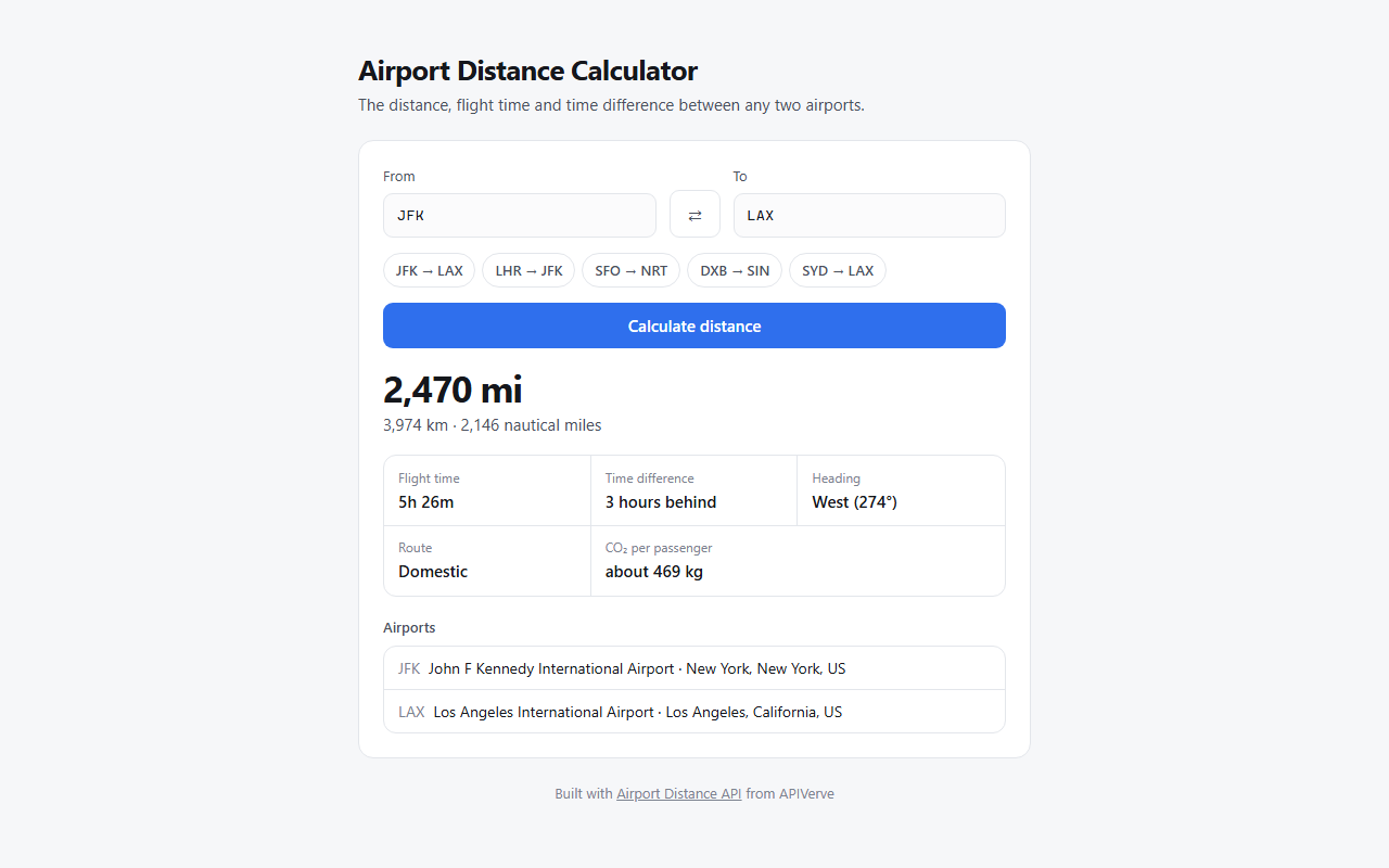 Airport Distance Calculator showing JFK to LAX