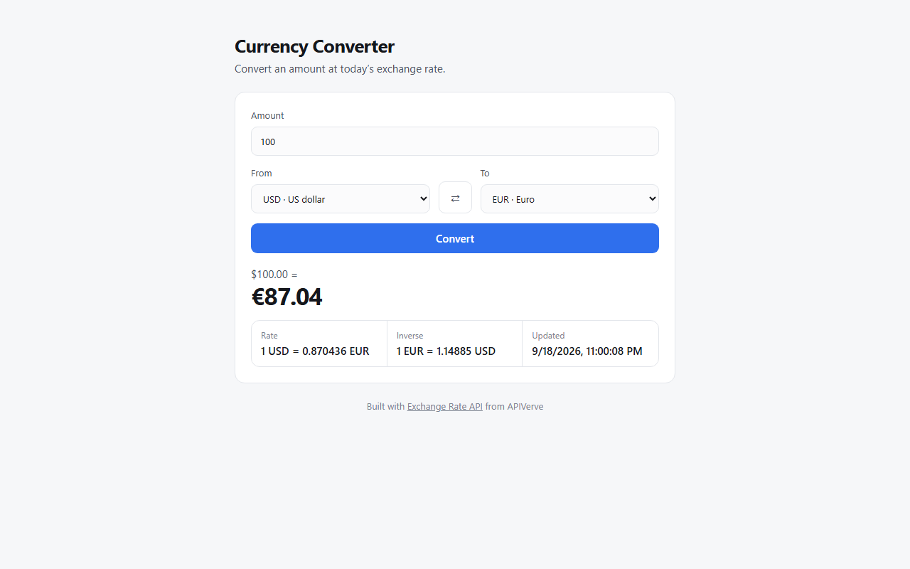 Currency Converter turning 100 US dollars into euros