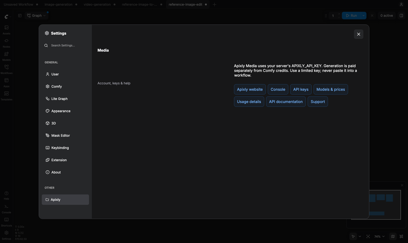 Actual Settings → Apixly → Media panel with account, API key, model price, usage, documentation and support links.