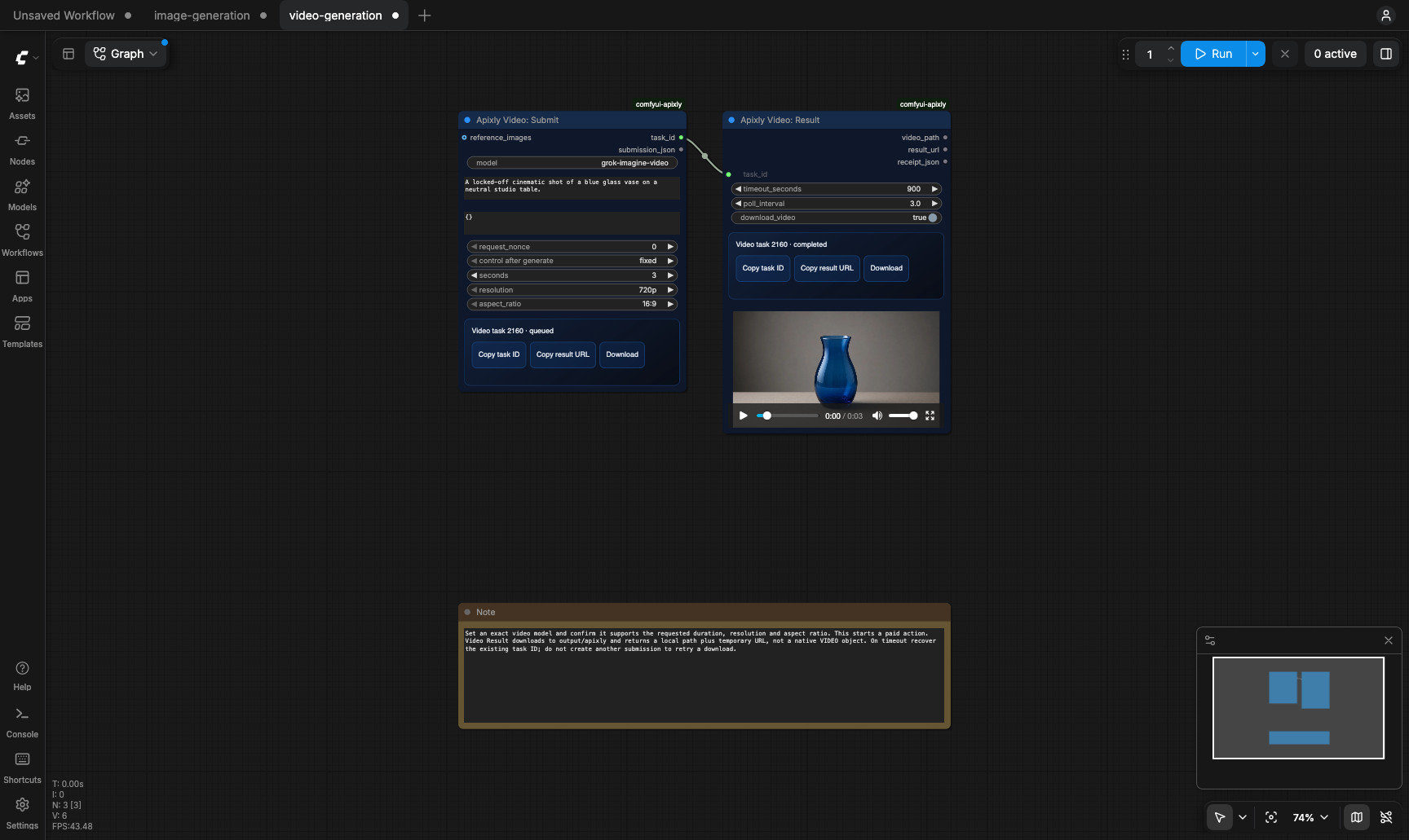 Actual ComfyUI canvas showing the Apixly Video Submit and Result nodes, a completed video preview, and copy and download controls.