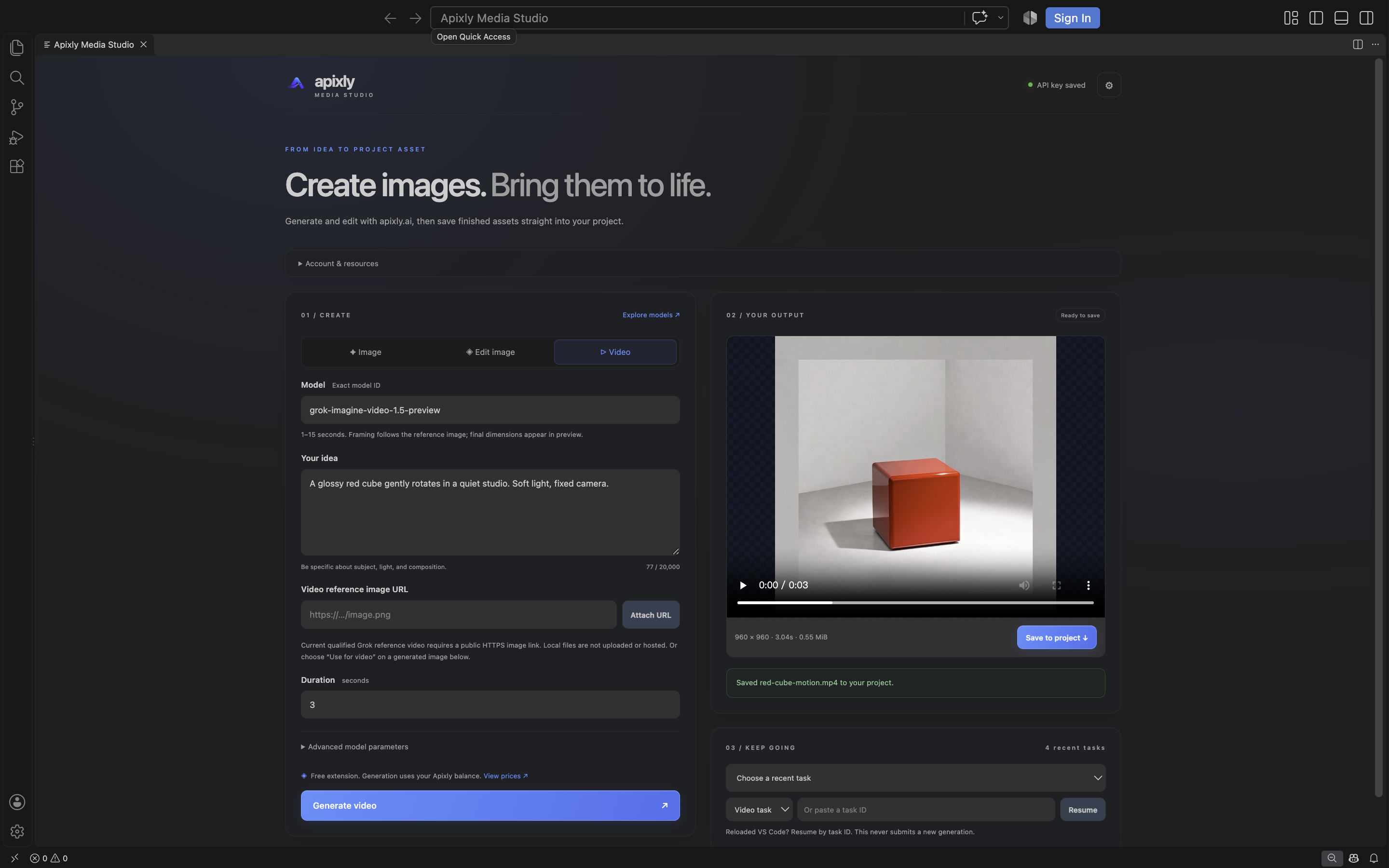 Apixly Media Studio in VS Code with a finished reference video and project save controls