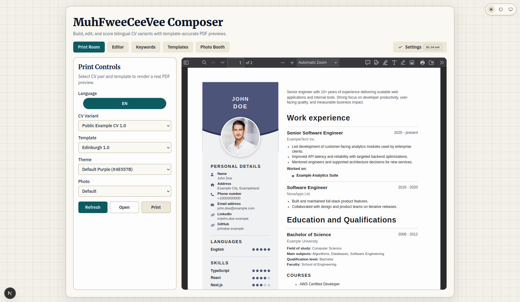MuhFweeCeeVee-Professional-CV-Template-Generator 的网站界面截图