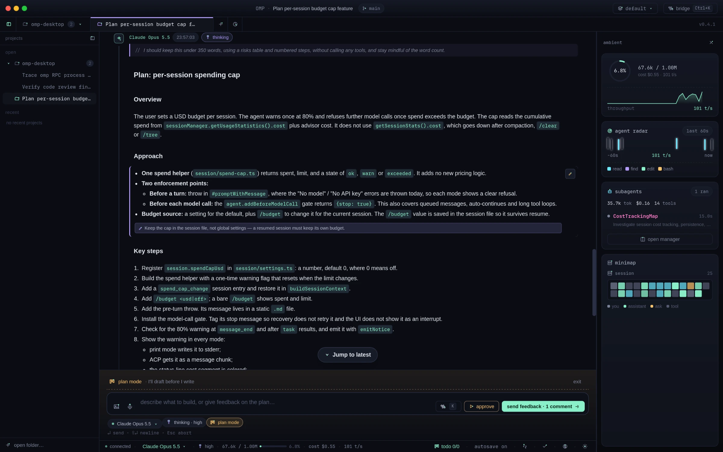 Plan mode with an inline comment on the approach