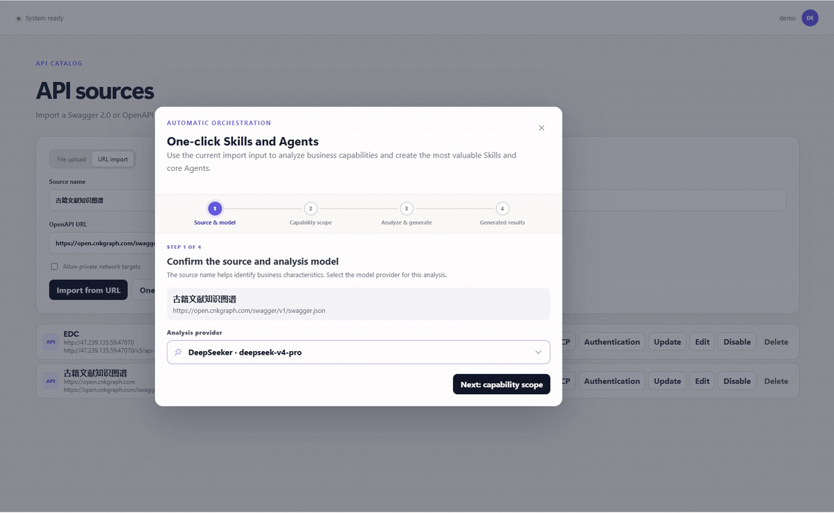 Agent4API administration and chat demo