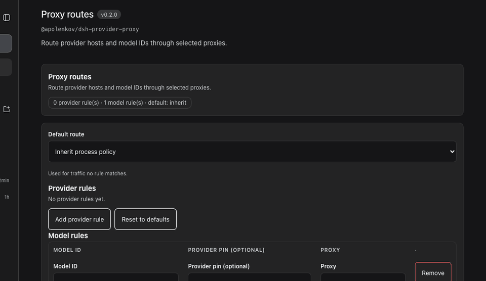 Proxy routes settings page: provider and Muse Spark model rules, an inline validation error, and a successful save
