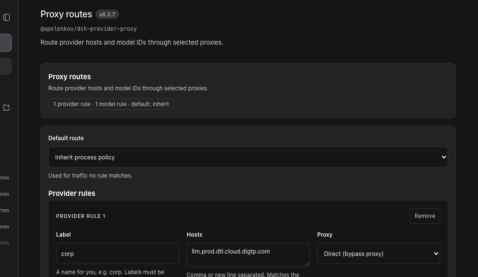 Proxy routes settings page: provider and Muse Spark model rules, an inline validation error, and a successful save
