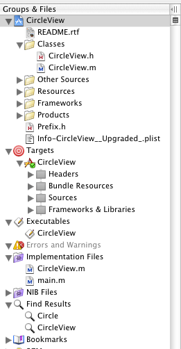 Xcode left pane, including source files, targets, Find Results, and more