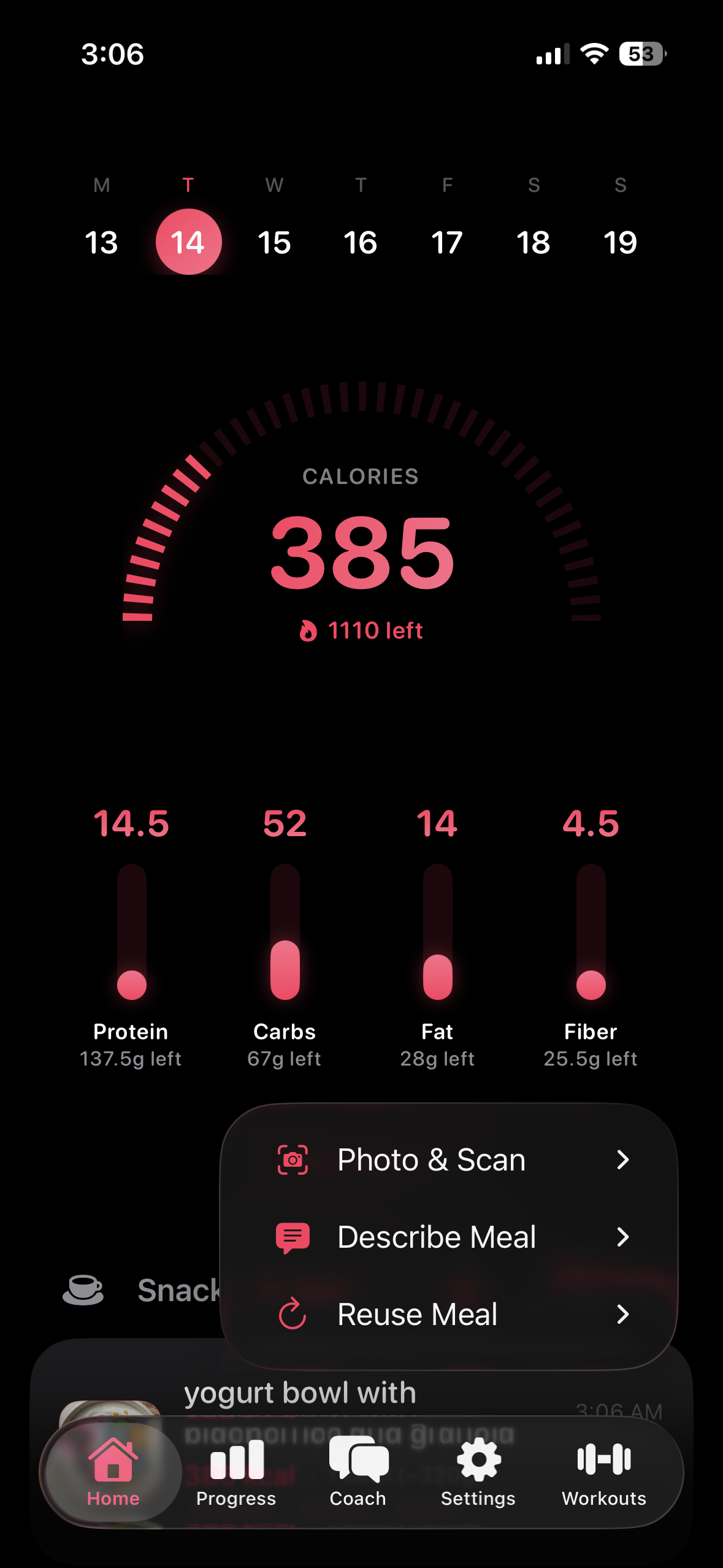 Food logging options menu