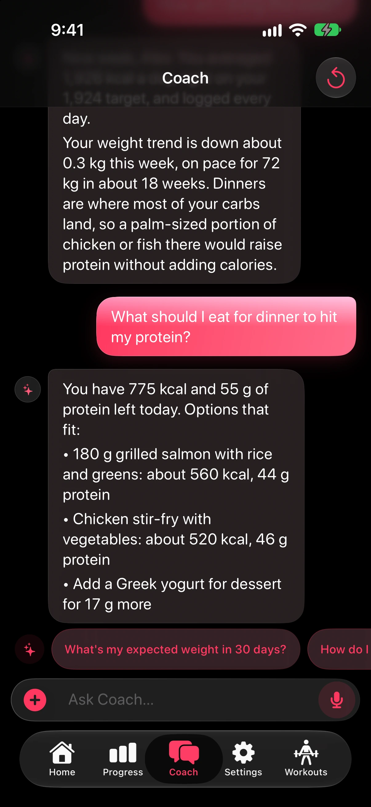 AI Coach chat answering from the user's data