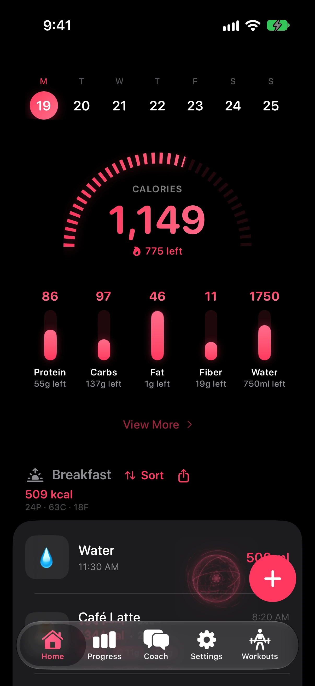 Home dashboard with calorie ring, macro and water pillars, and the day's diary