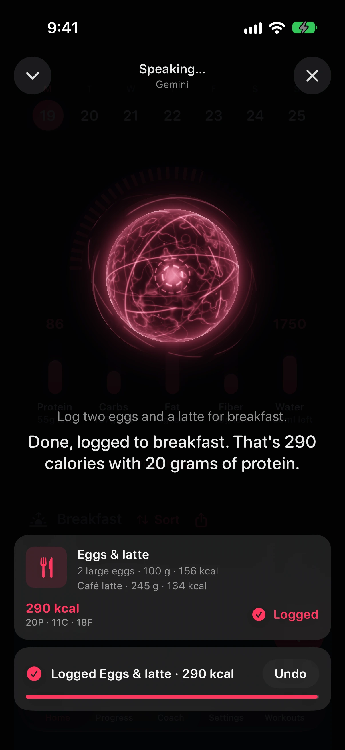 Live Voice conversation logging breakfast with an Undo card