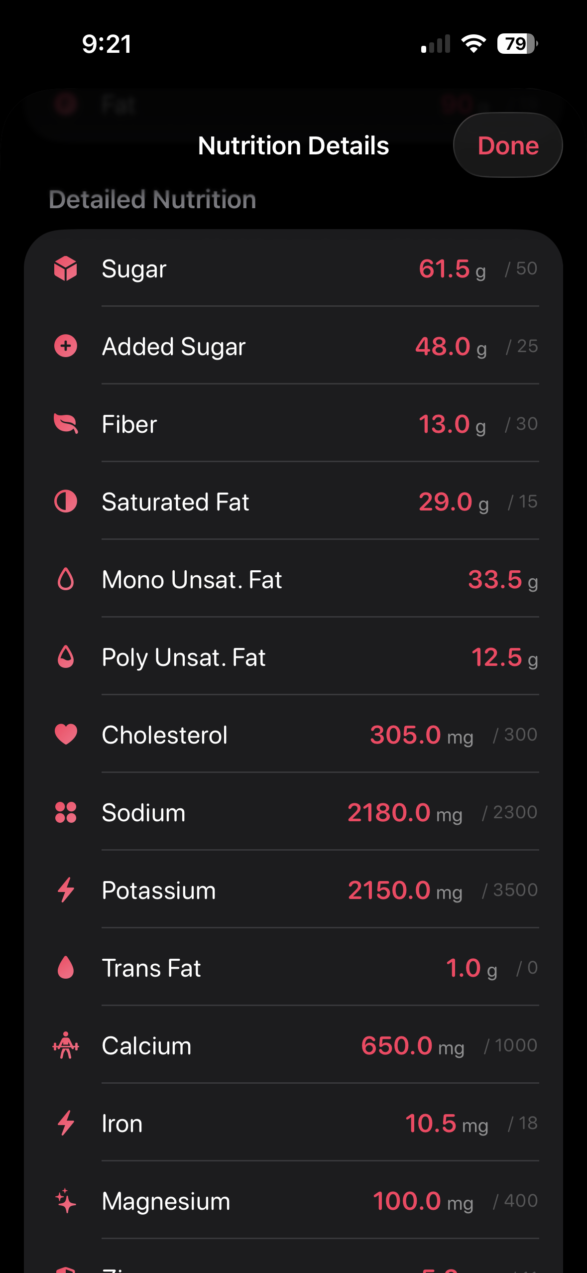 Detailed nutrition view