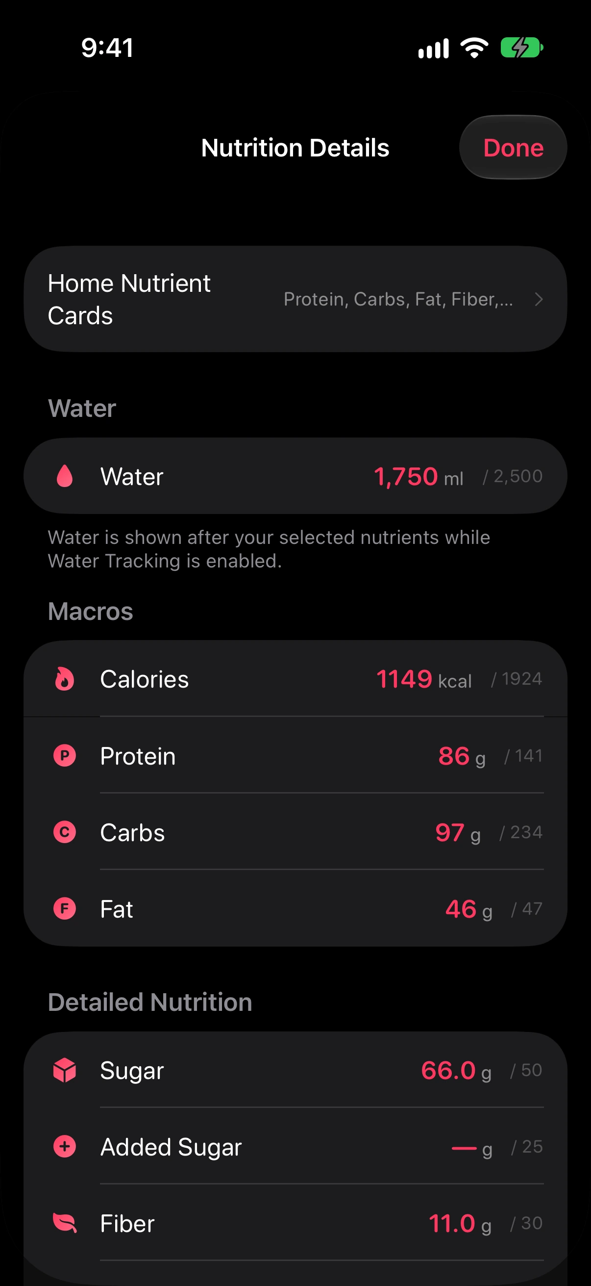 Nutrition details with macros, water and micronutrients