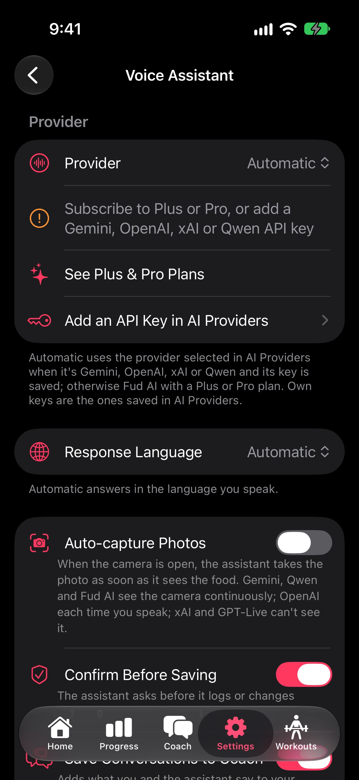 Voice Assistant settings with provider, plans and capture options