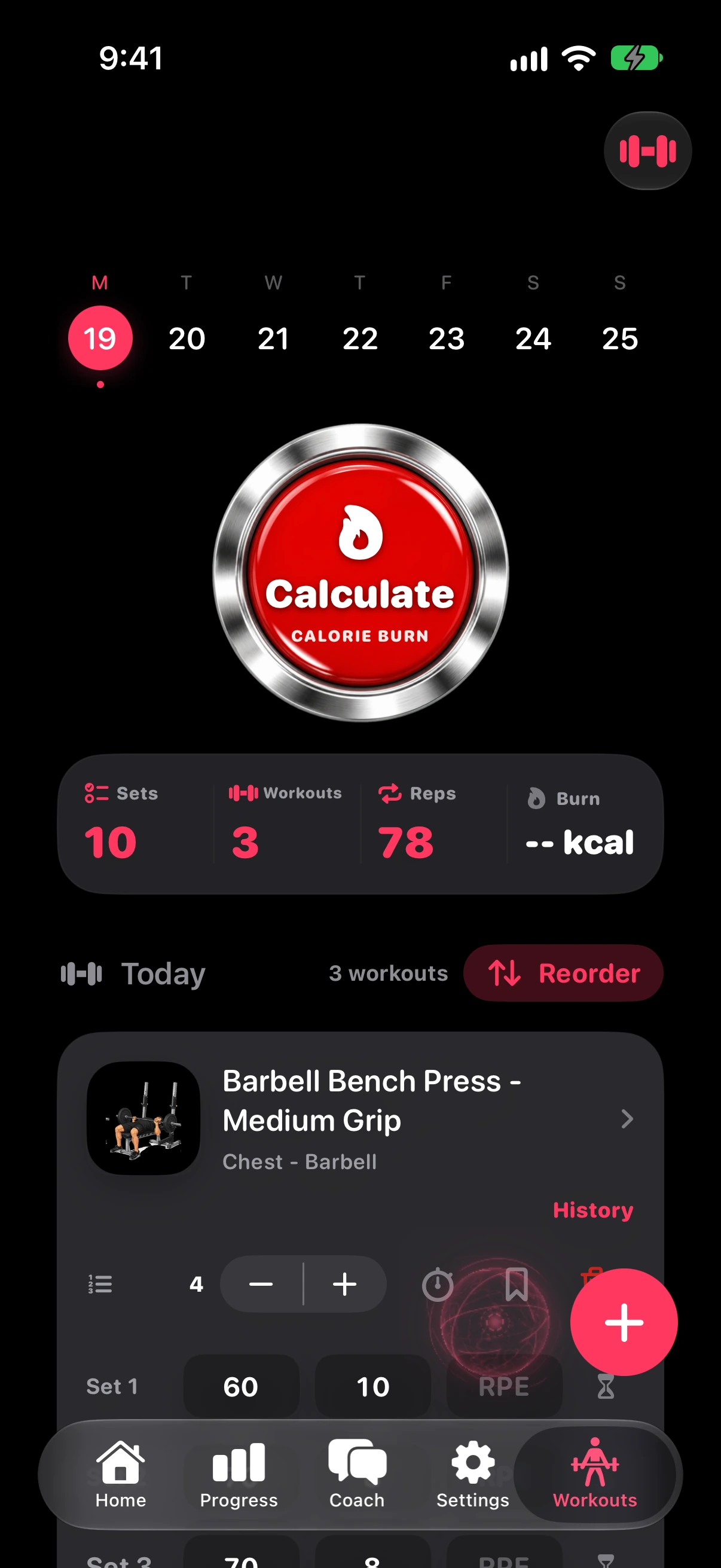 Workout log with sets and reps for today's lifts
