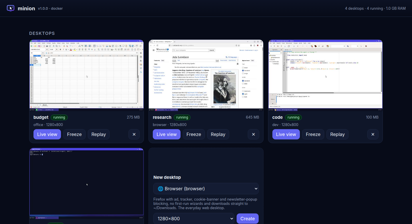 The Minion dashboard with live desktop thumbnails