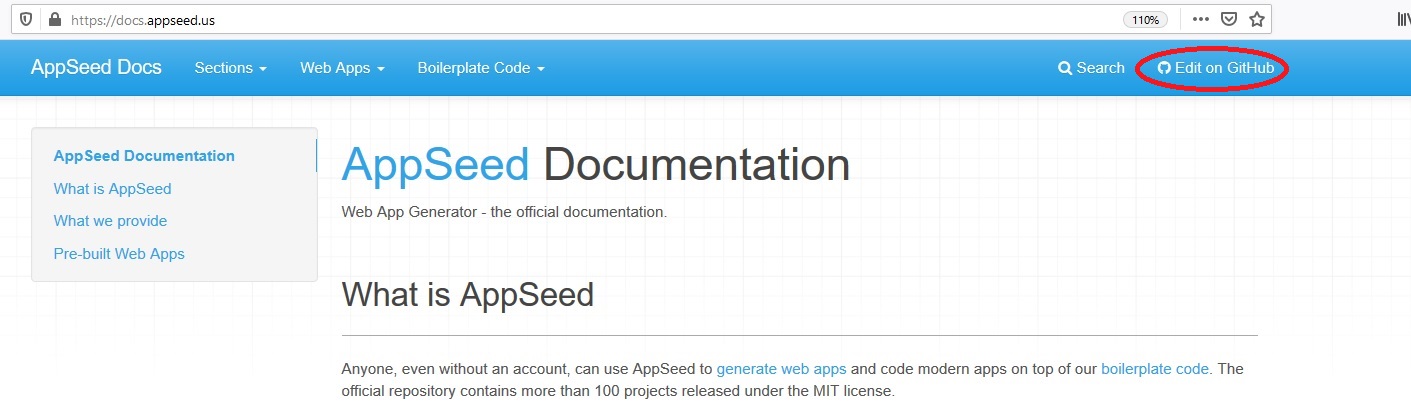 AppSeed Docs - Edit on Github Option.