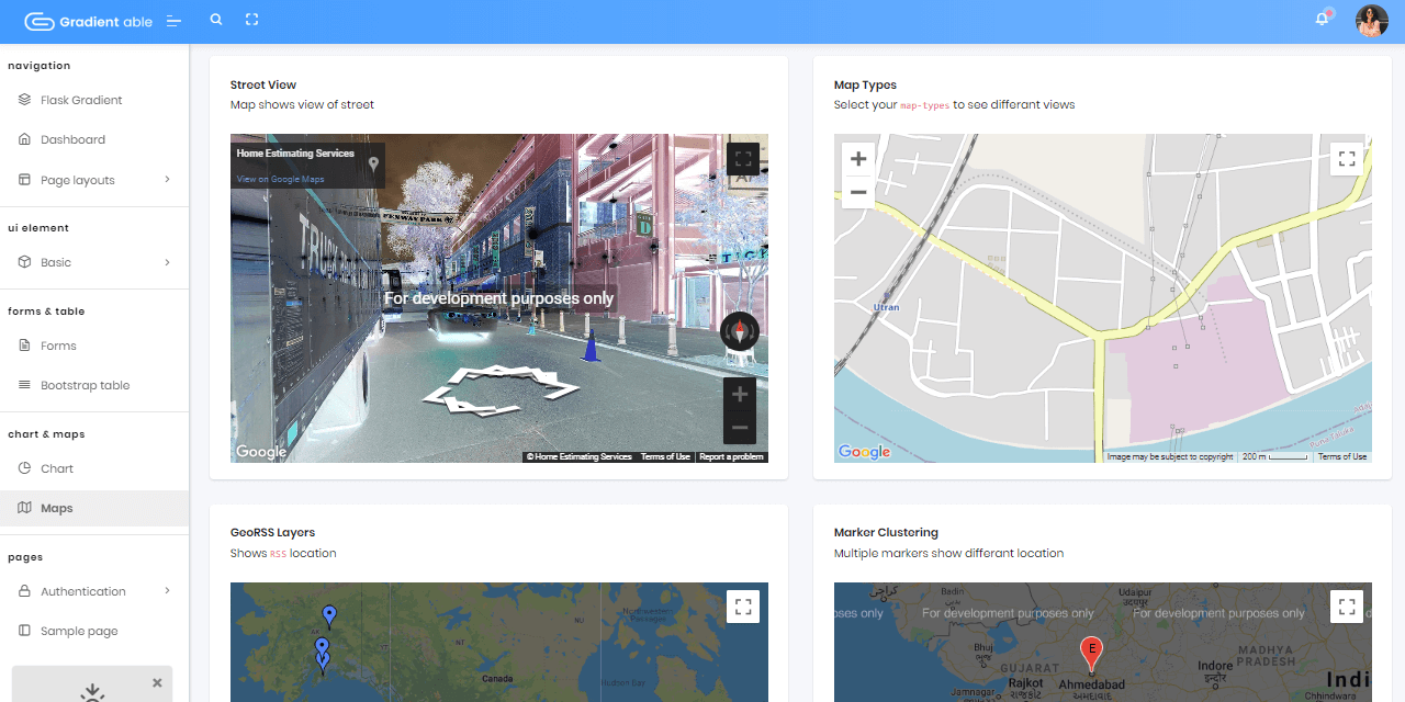 Flask Dashboard GradientAble - Open-Source admin dashboard, Google Maps Page.