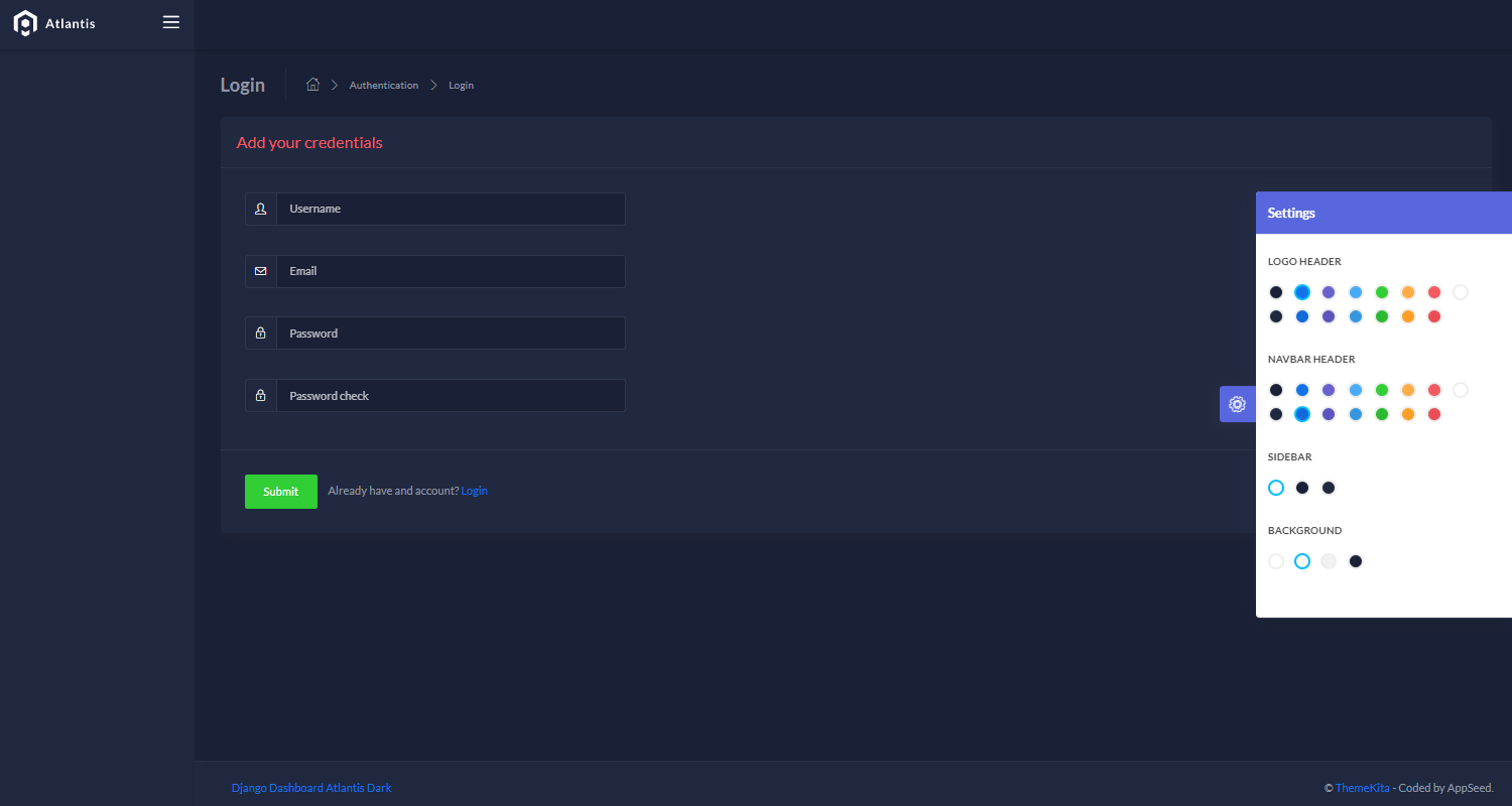 Django Dashboard Atlantis Dark - Registration page.