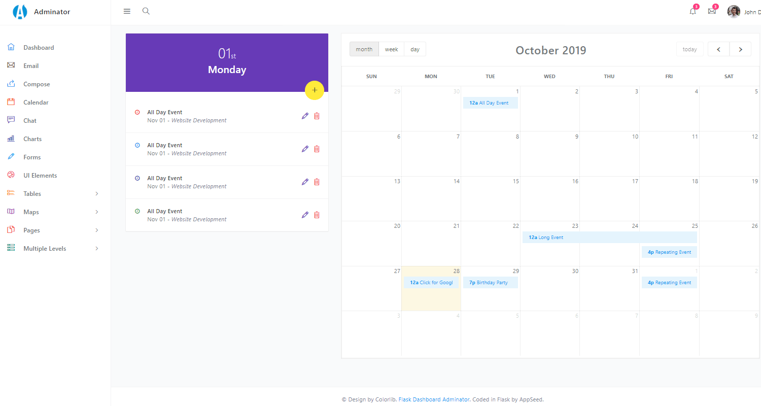 Adminator coded in Flask - Calendar Page.