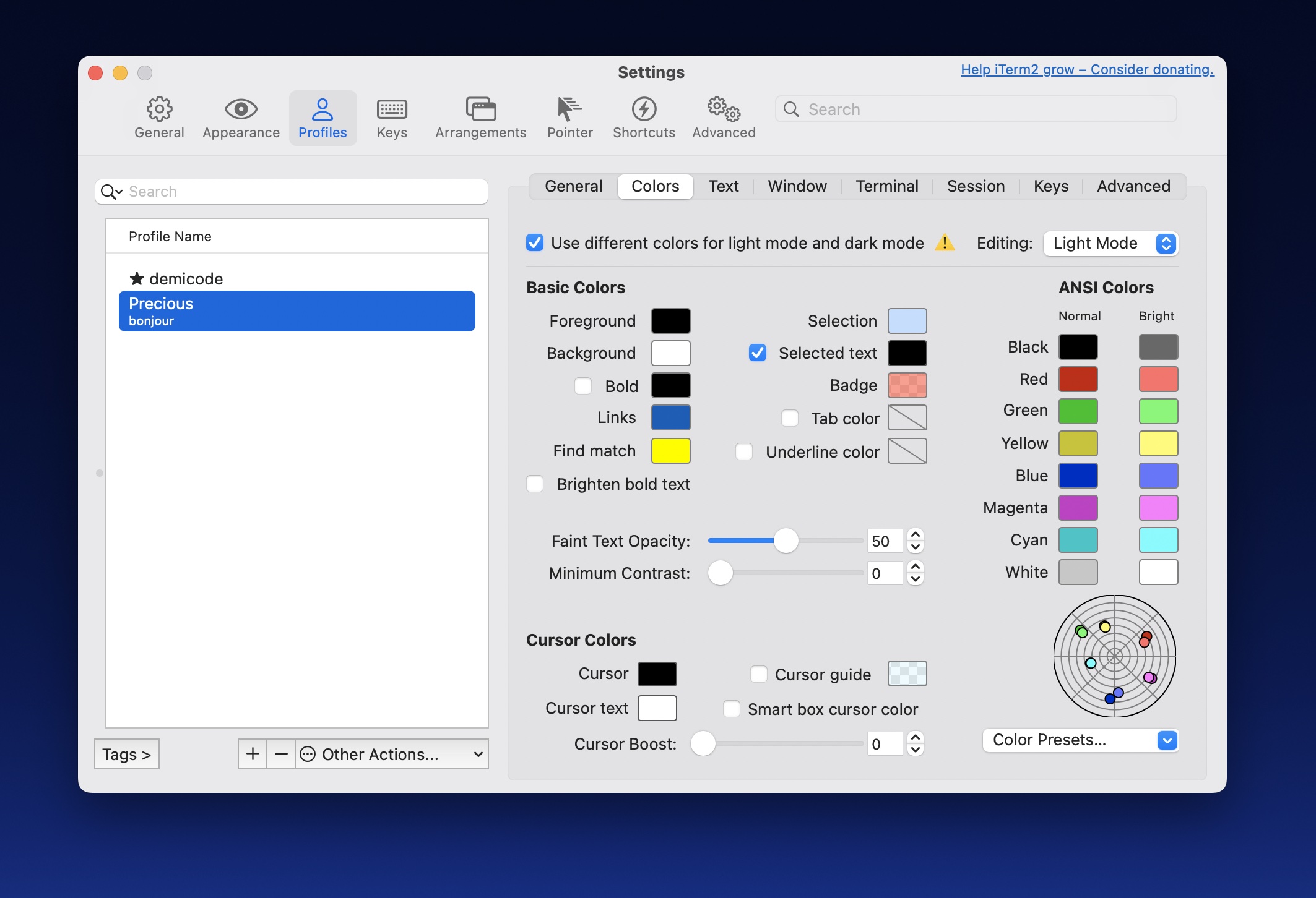 iTerm2's color preferences with a polar coordinate grid illustrating theme color values