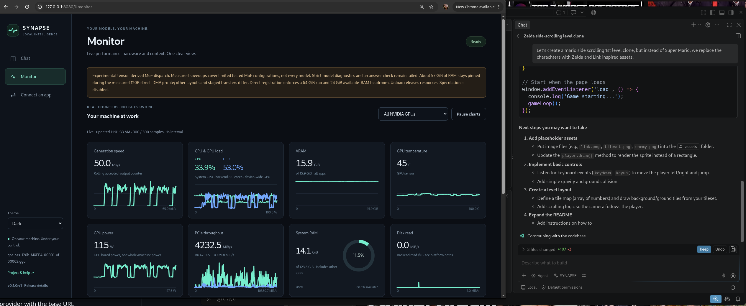 SYNAPSE Monitor beside VS Code, showing generation speed, CPU/GPU load, memory and I/O