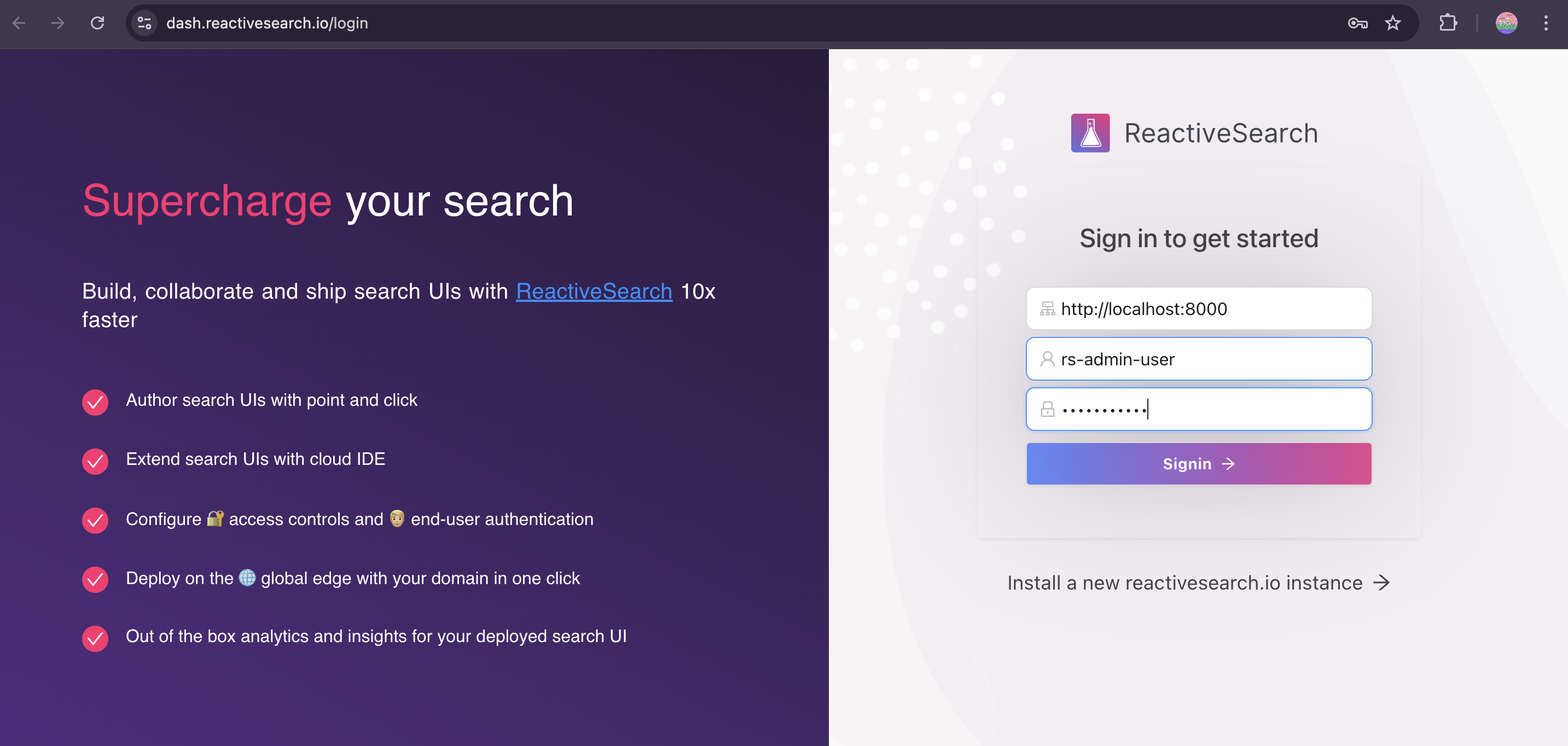 ReactiveSearch Dashboard — Sign in