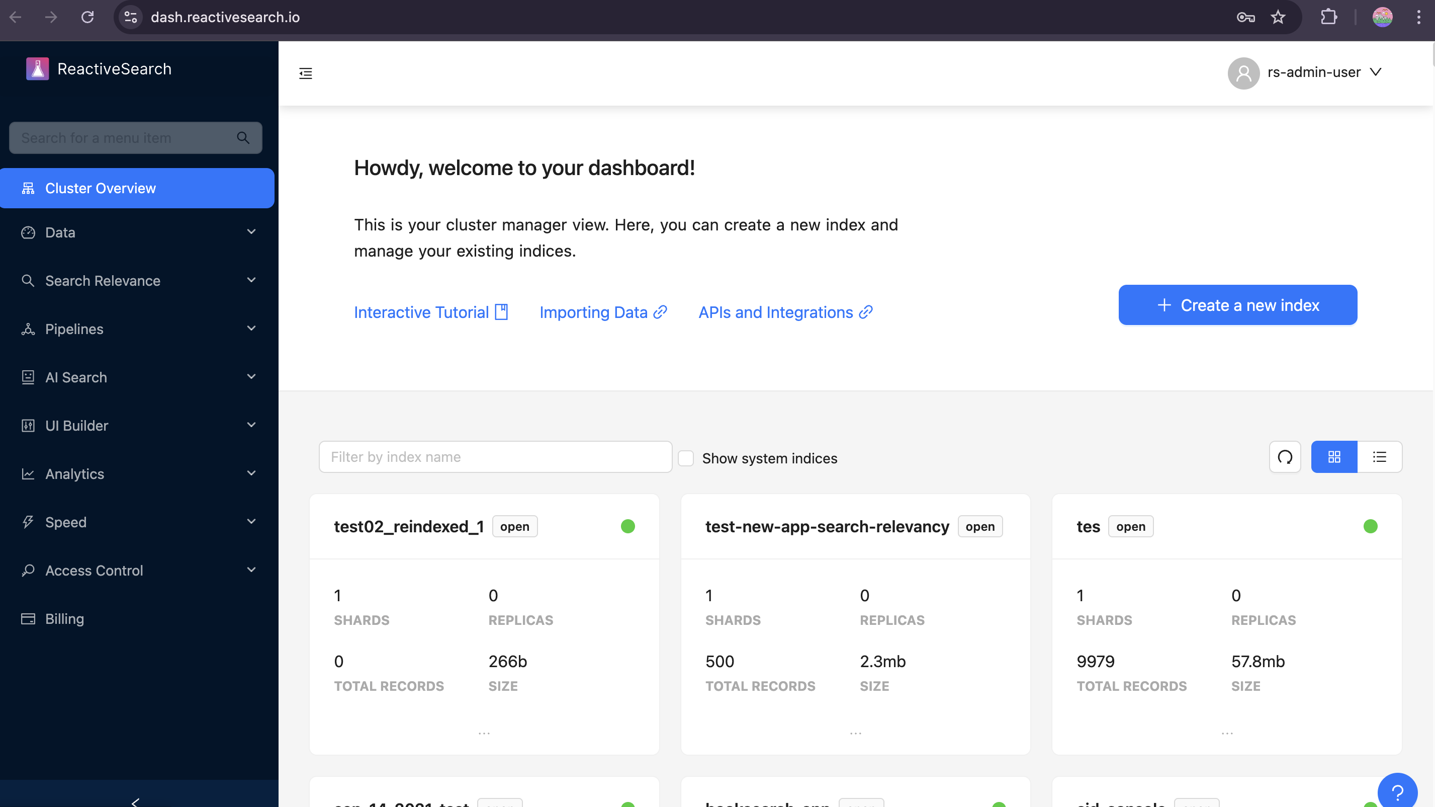 ReactiveSearch Dashboard — Cluster Overview