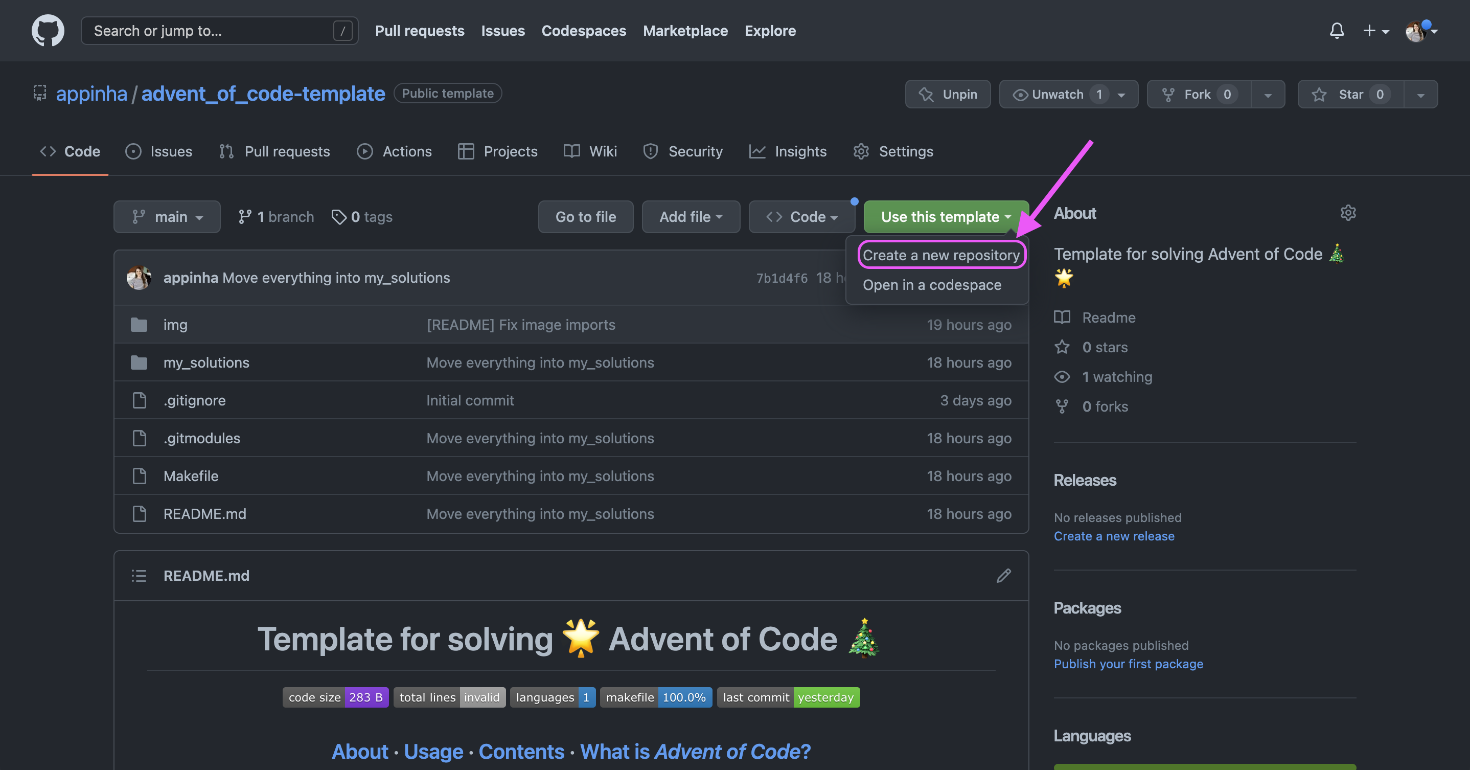 Screenshot showing how to use this template to create a new repository on GitHub