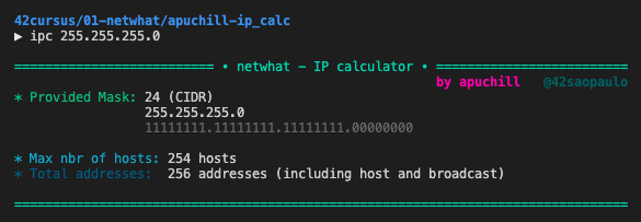 Program printscreen - subnet mask information