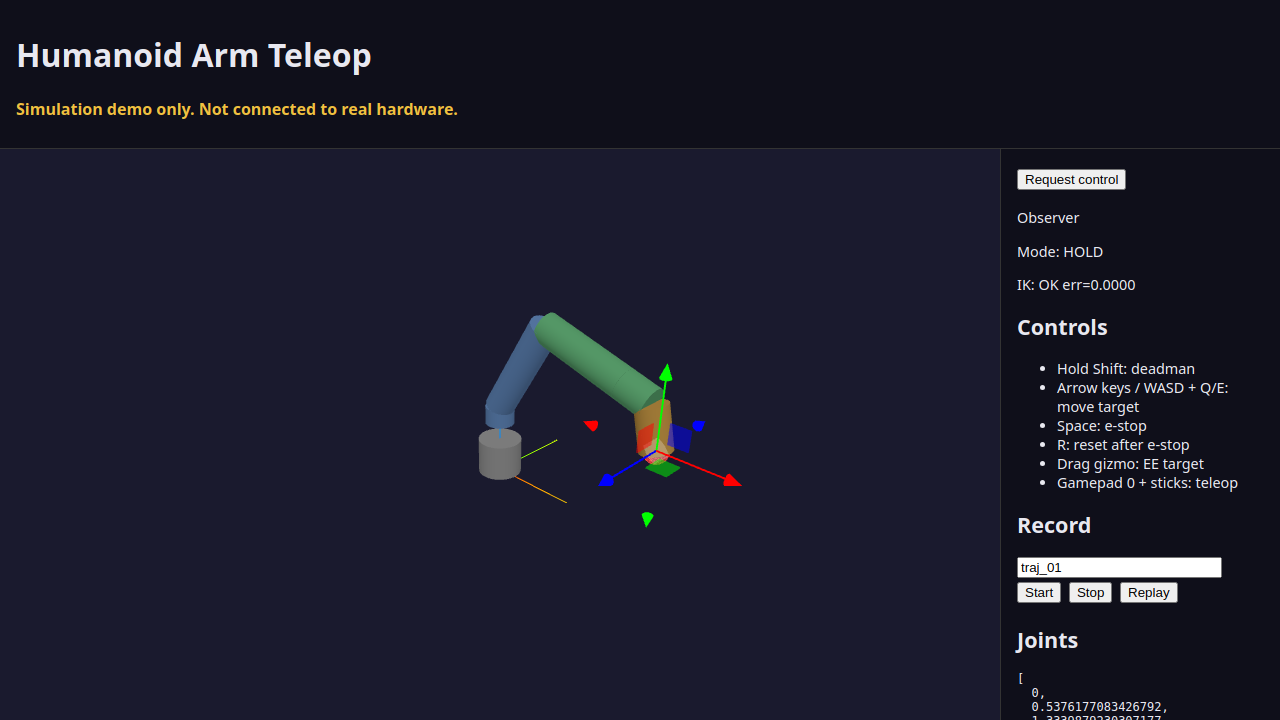 Humanoid Arm Teleop browser console showing the simulated 6-DOF arm, the end-effector gizmo, and the control panel